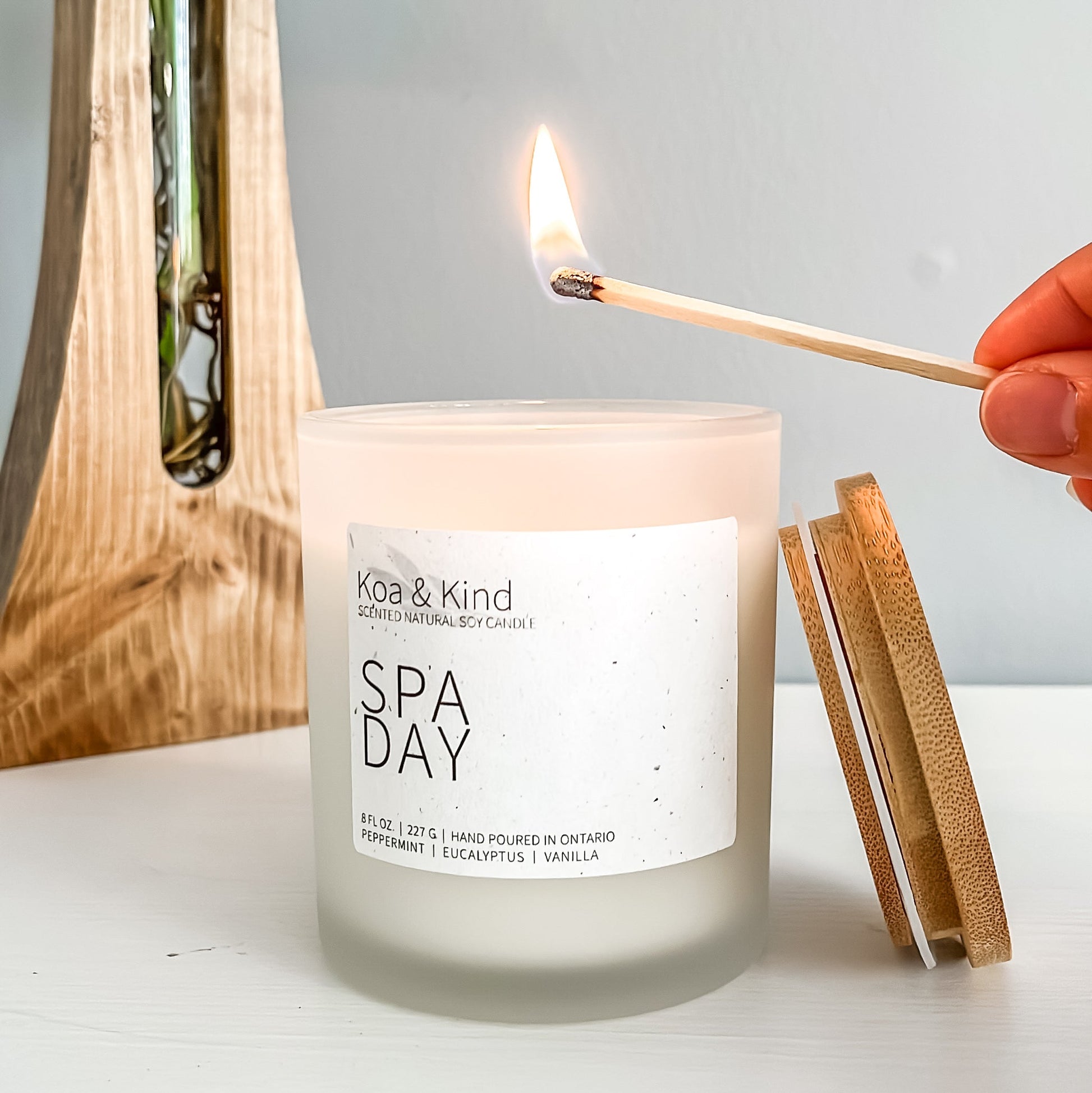 Candle labeled 'Spa Day' being lit with a plant in the background
