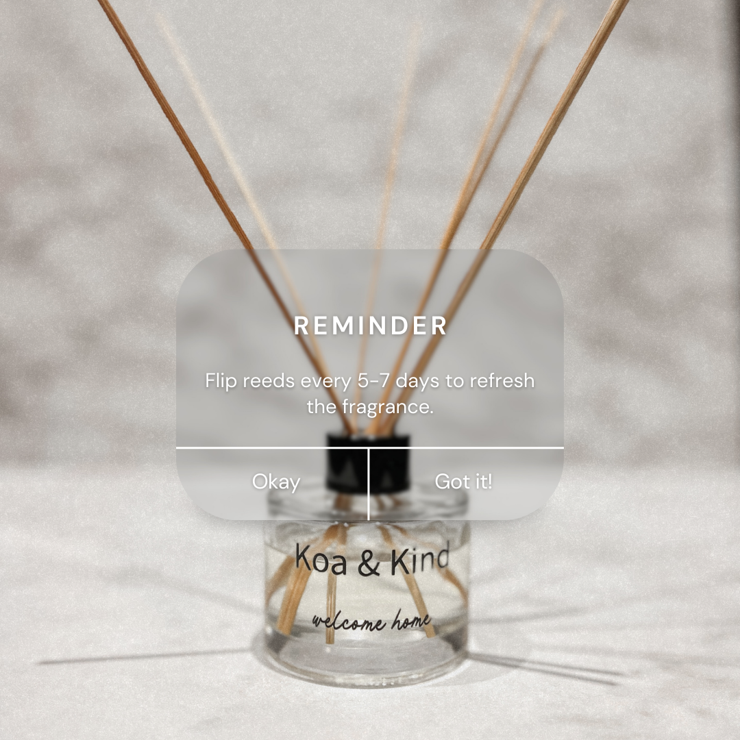 Koa & Kind diffuser with wooden reeds on a neutral background