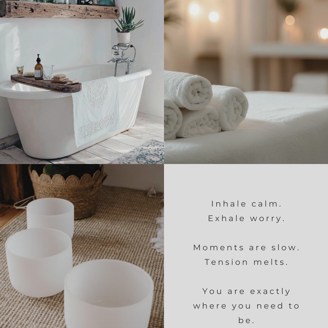 Collage of a bathroom with a bathtub, towels, and singing bowls with a calming quote.