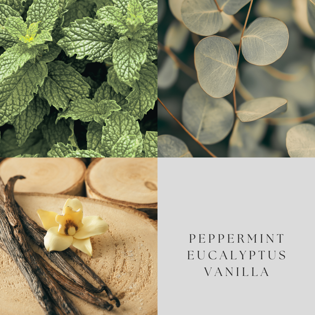 Collage of peppermint, eucalyptus, and vanilla with text overlay on a light gray background.