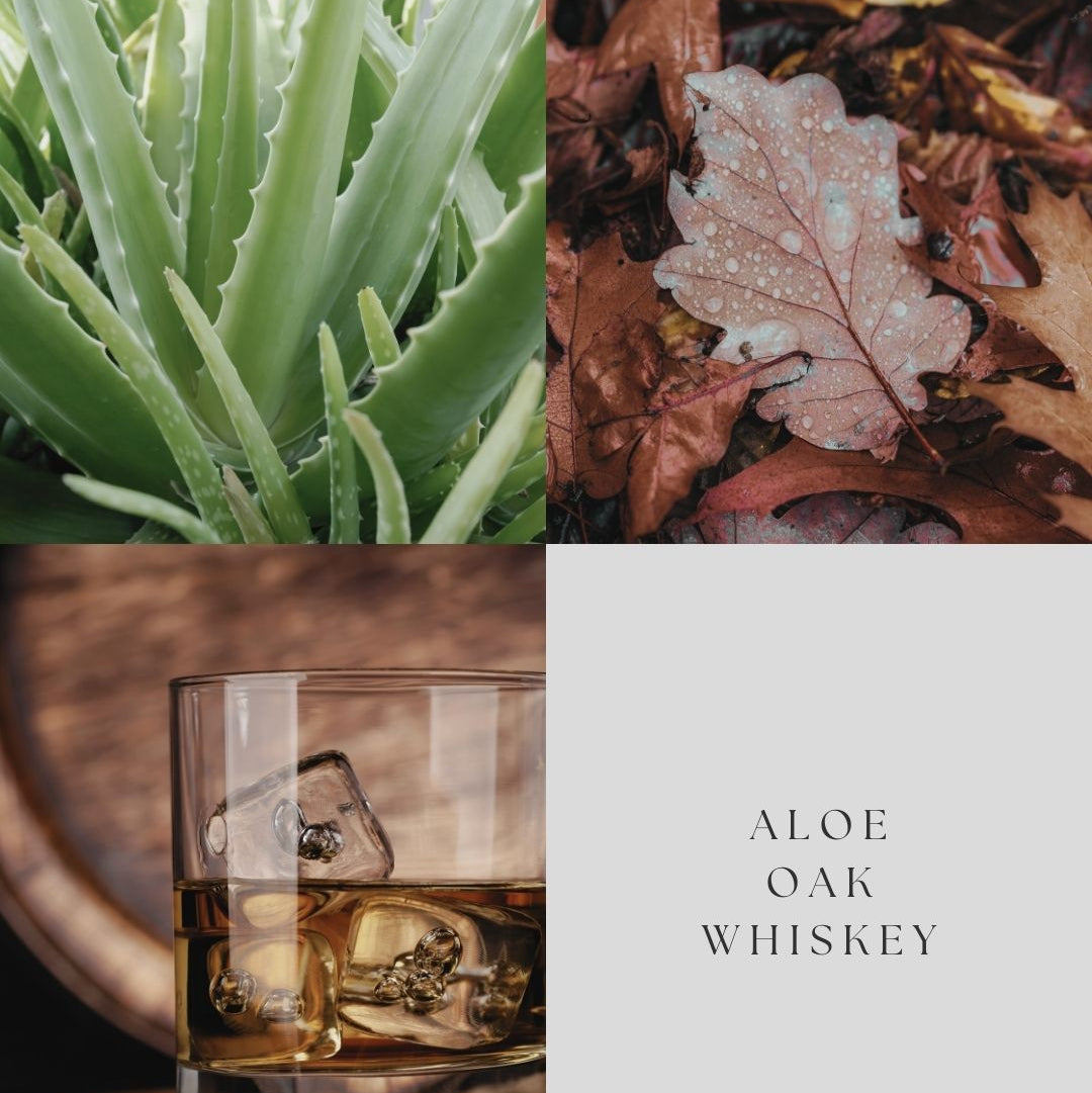 Collage of aloe vera, a leaf with water droplets, and a glass of whiskey with ice cubes, featuring 'Aloe Oak Whiskey' text.